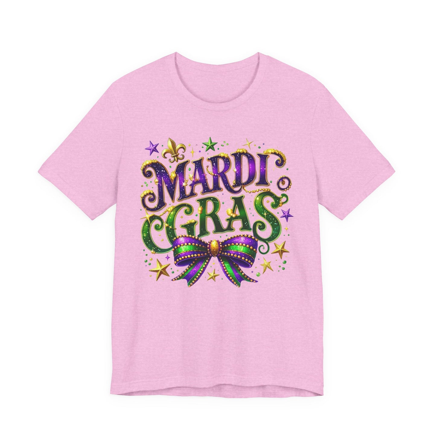 Mardi Gras Tee — Festive Purple, Green & Gold Carnival Shirt with Mask Bow