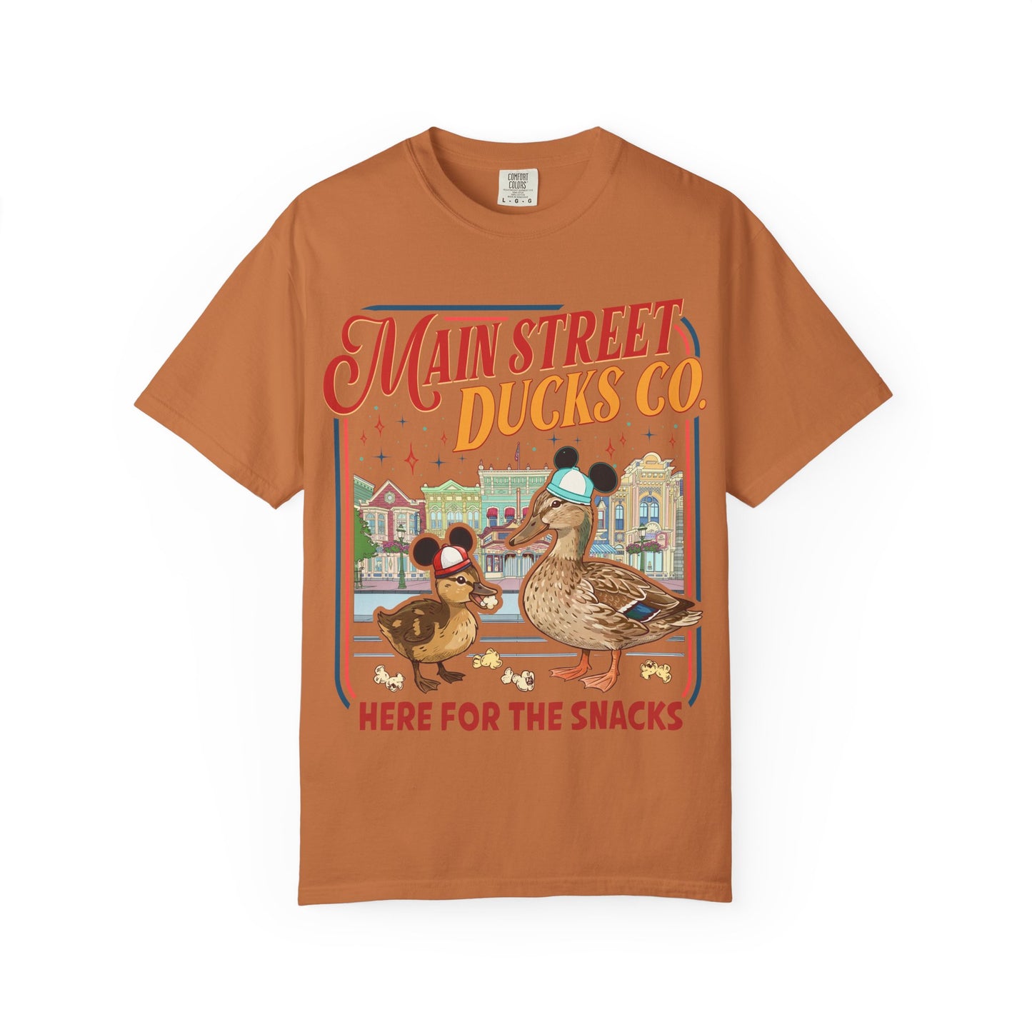 Main Street Ducks Co. T-Shirt — "Here for the Snacks" Vintage Duck Tee