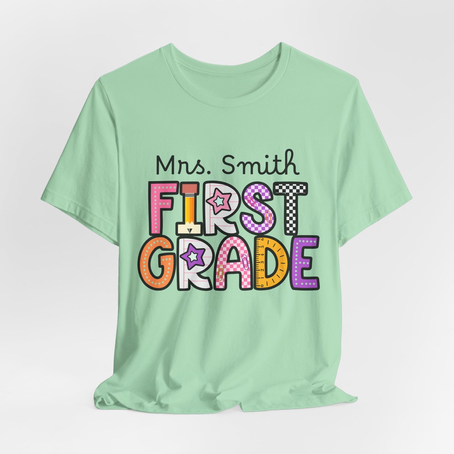 Personalized Colorful First Grade Teacher Graphic Tee