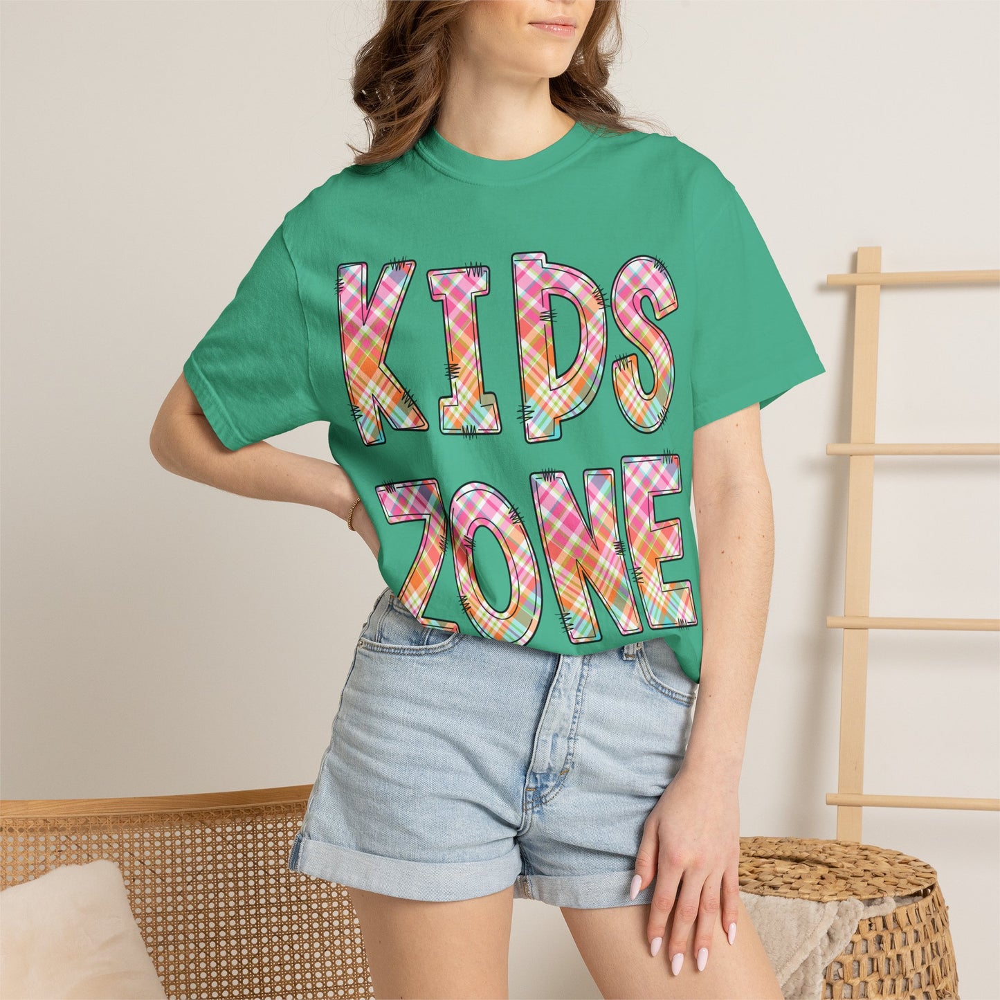 Kids Zone Daycare Comfort Colors Tee - Spring Pastels Plaid