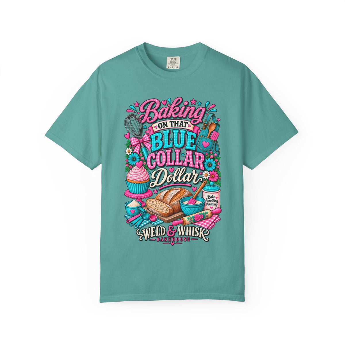 Baking On That Blue Collar Dollar T-Shirt — Retro Baker Whisk & Bread Graphic