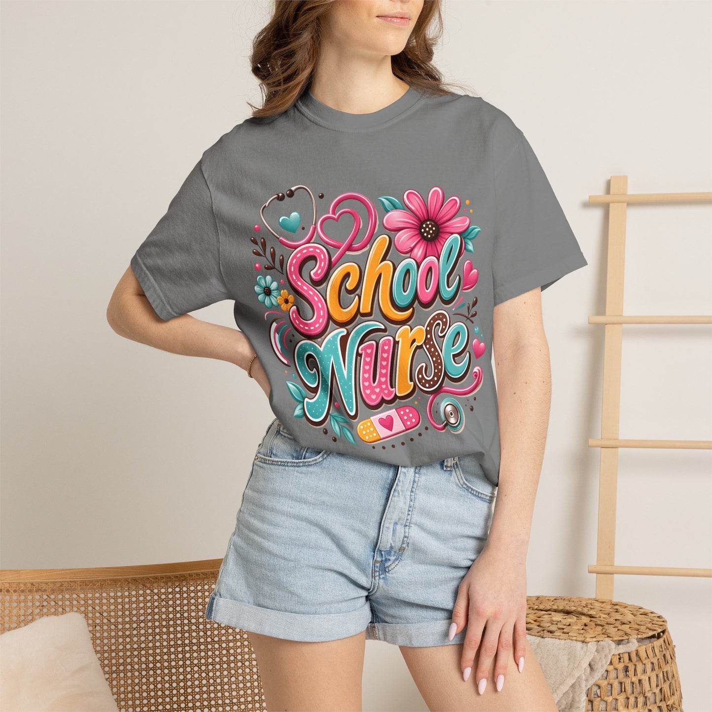 School Nurse T-Shirt — Cute Floral Stethoscope Design