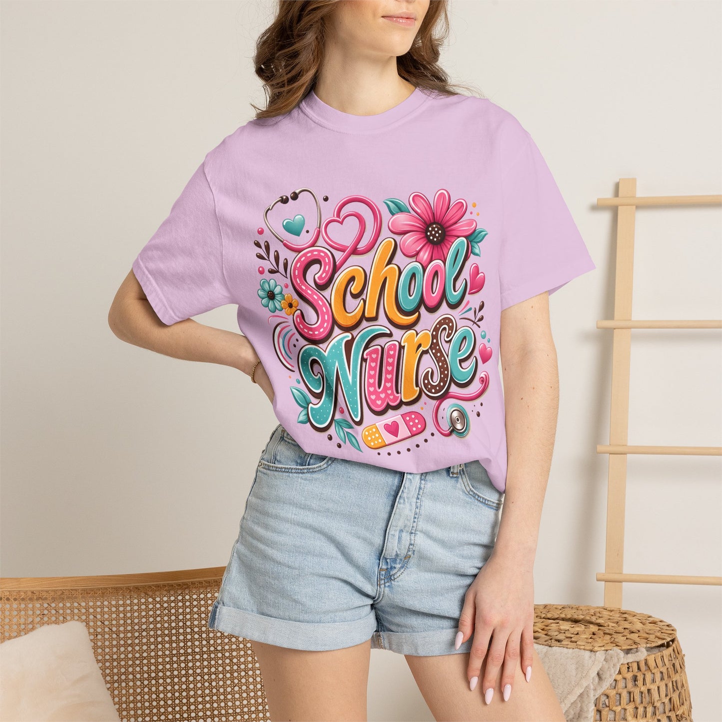 School Nurse T-Shirt — Cute Floral Stethoscope Design