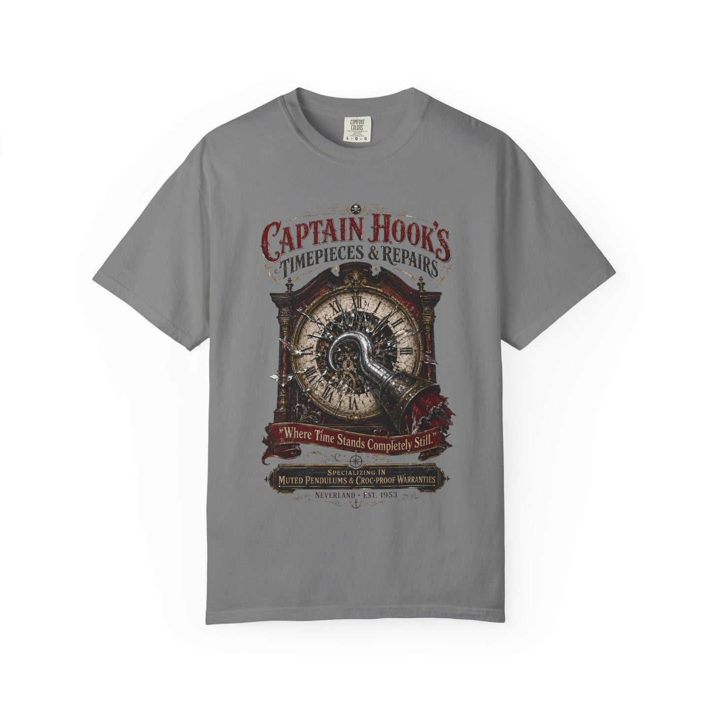 Captain Hook's Timepieces & Repairs Vintage Clock T-Shirt — Nautical Steampunk Repair Shop Tee