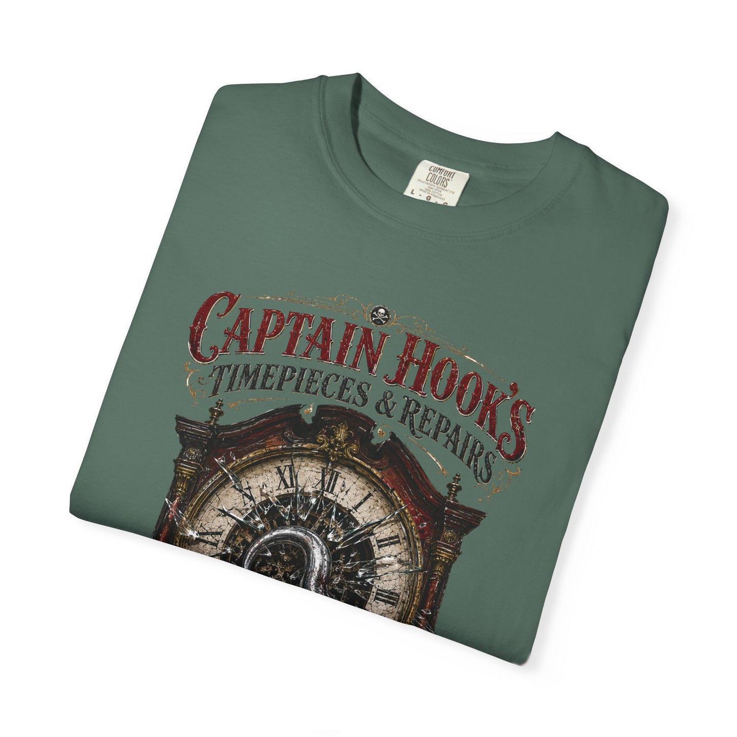 Captain Hook's Timepieces & Repairs Vintage Clock T-Shirt — Nautical Steampunk Repair Shop Tee