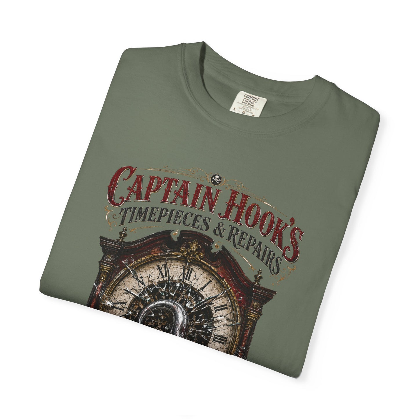 Captain Hook's Timepieces & Repairs Vintage Clock T-Shirt — Nautical Steampunk Repair Shop Tee