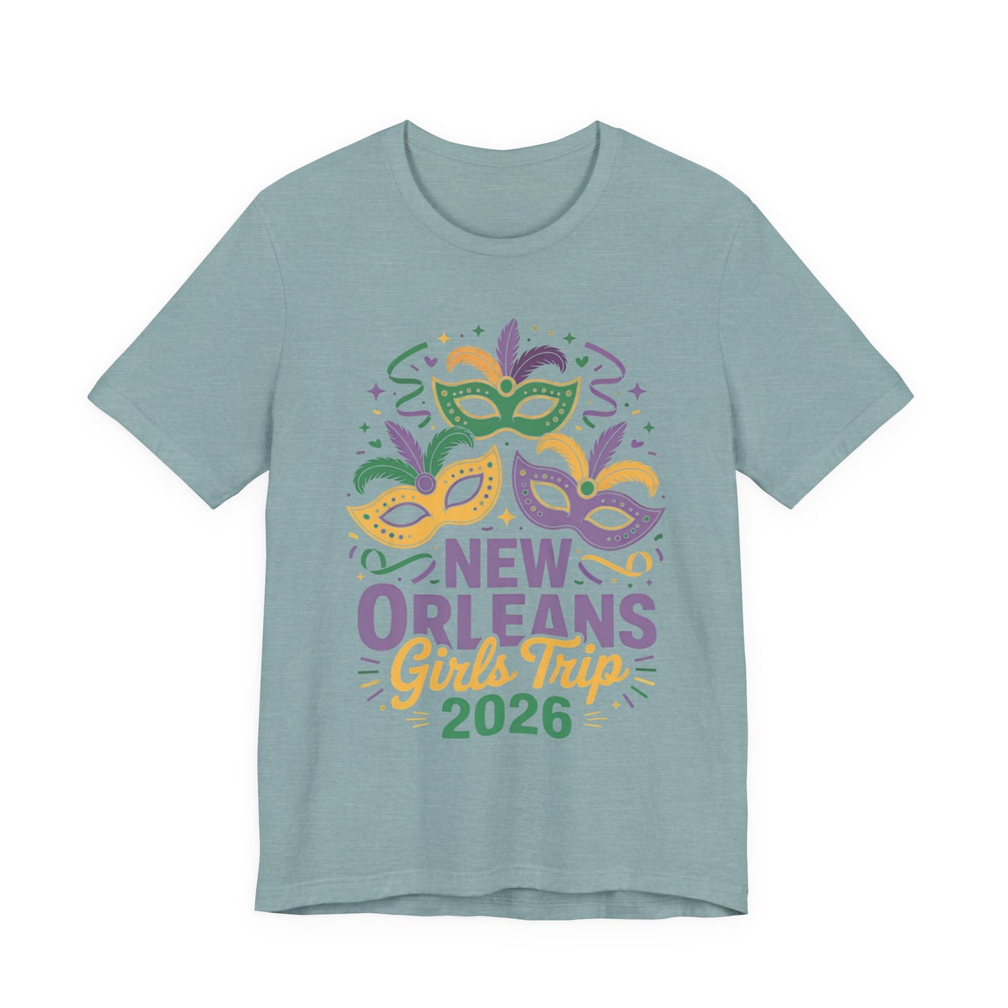 New Orleans Girl Trip 2026 T-Shirt — Mardi Gras Masks Bachelorette Tee