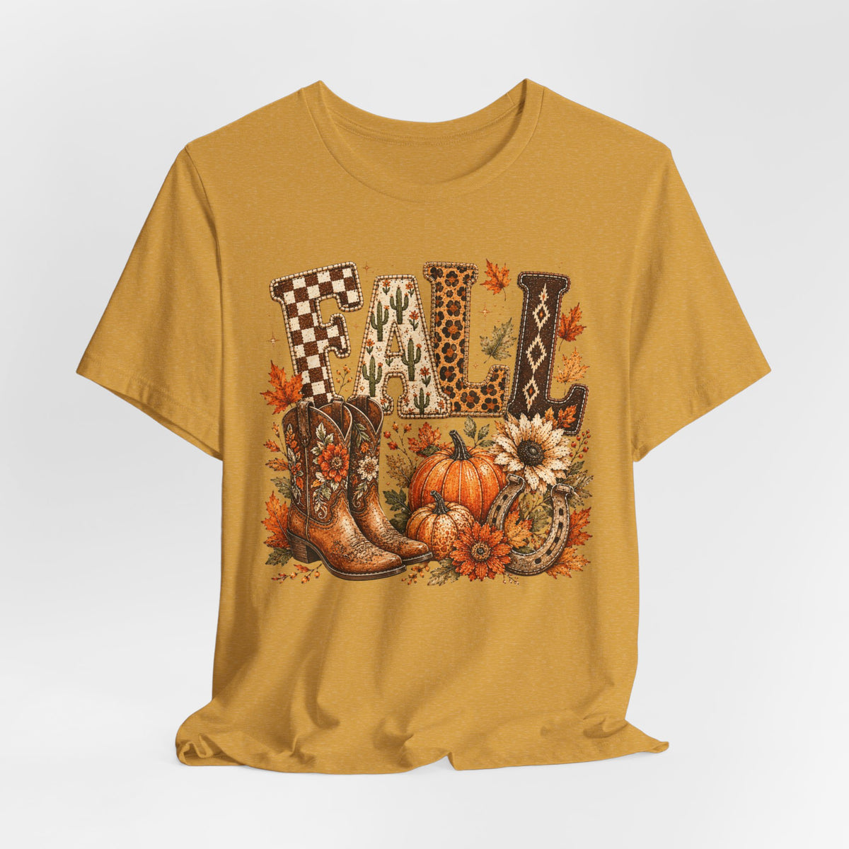 Fall Y’all T-Shirt — Cowboy Boots, Pumpkins & Sunflower Autumn Tee