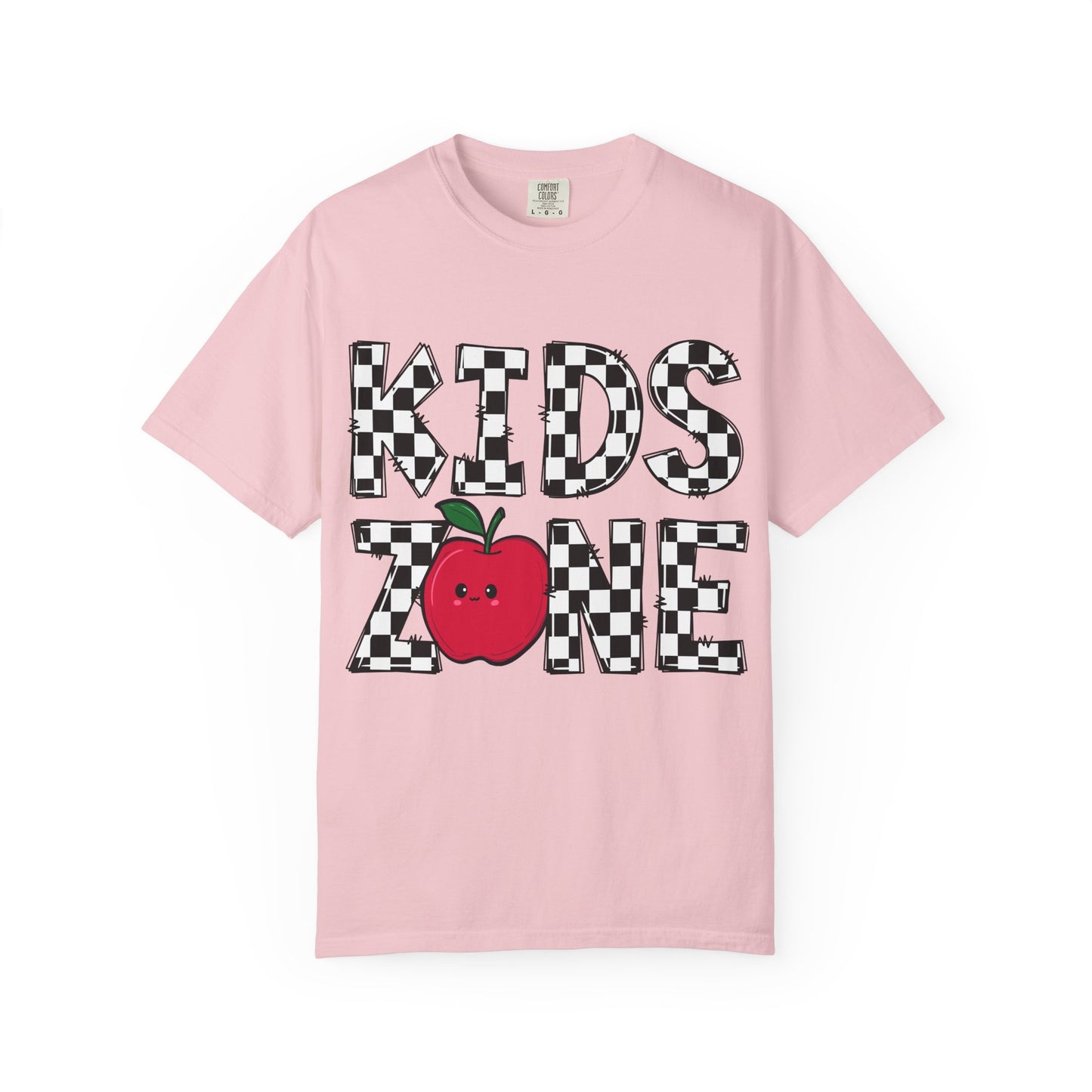 Kids Zone T-Shirt — Checkerboard Text with Cute Apple Graphic