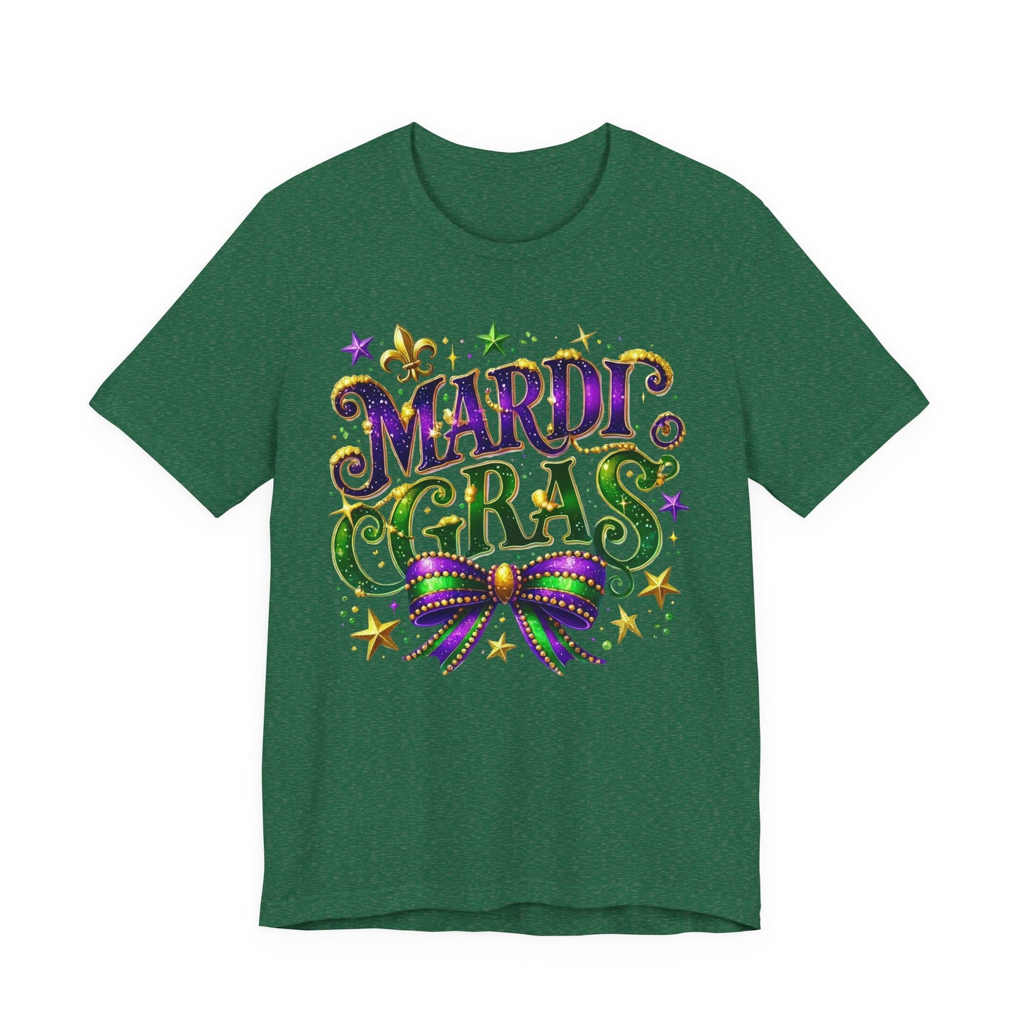 Mardi Gras Tee — Festive Purple, Green & Gold Carnival Shirt with Mask Bow