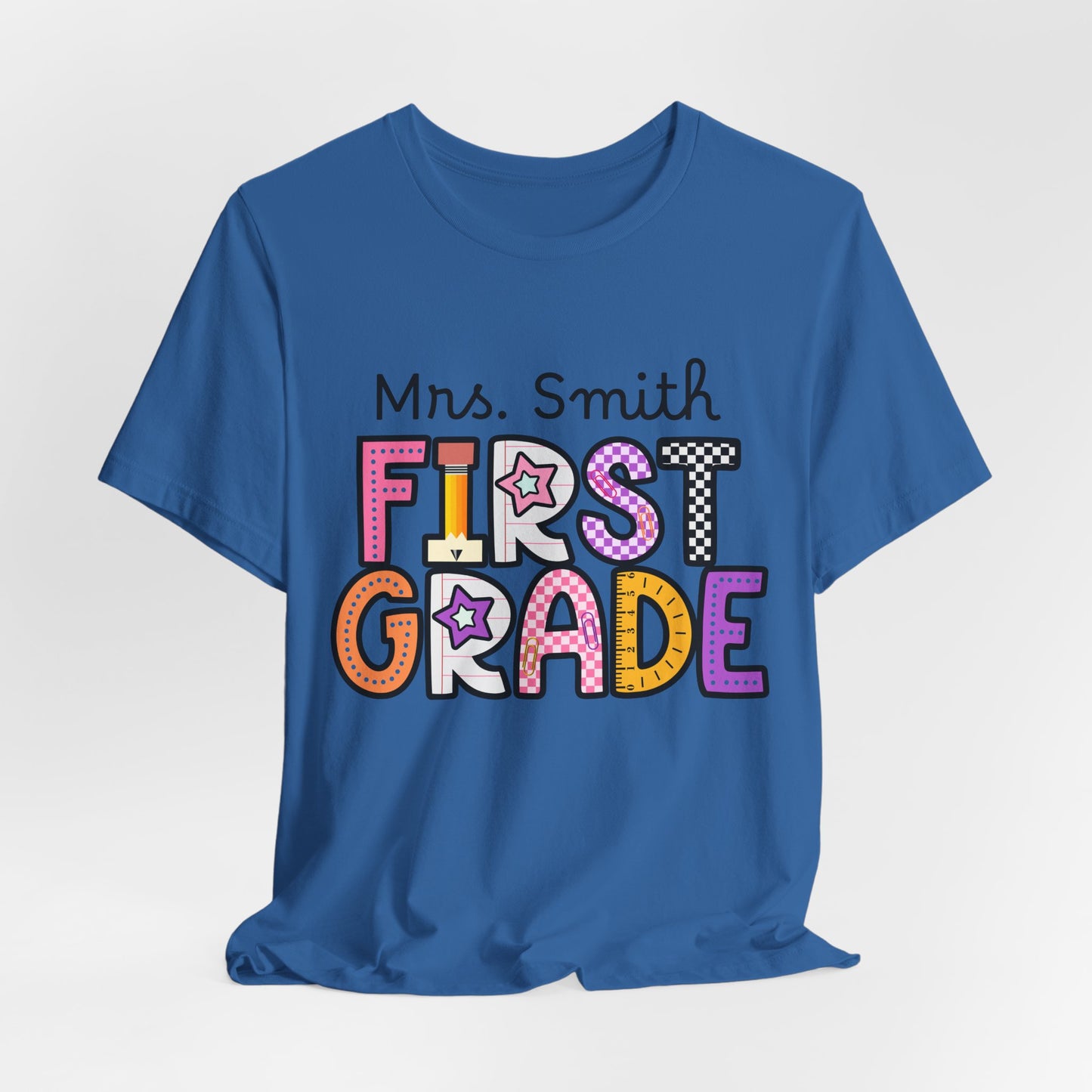 Personalized Colorful First Grade Teacher Graphic Tee