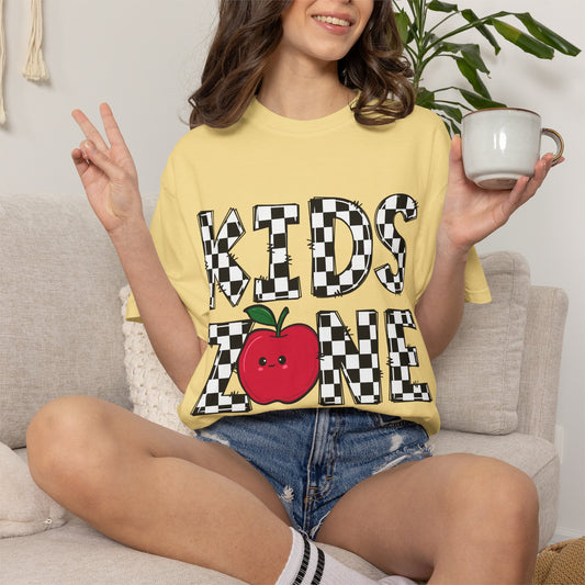 Kids Zone T-Shirt — Checkerboard Text with Cute Apple Graphic