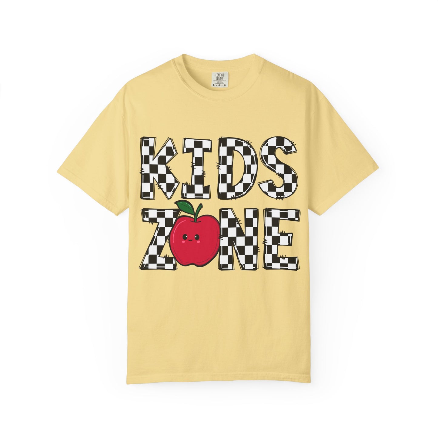 Kids Zone T-Shirt — Checkerboard Text with Cute Apple Graphic