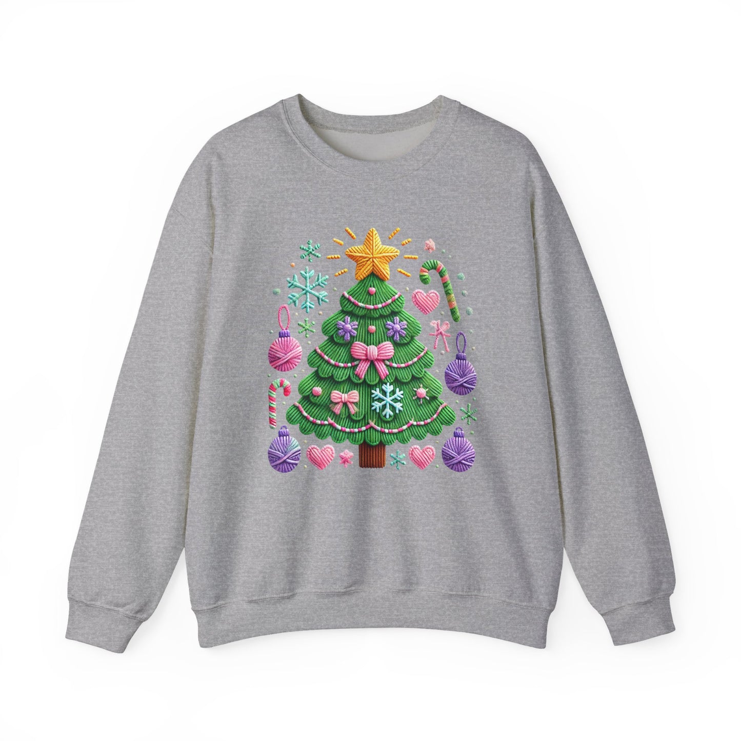 Cute Yarn Christmas Tree, Candy Cane & Ornaments Holiday Crewneck Sweatshirt