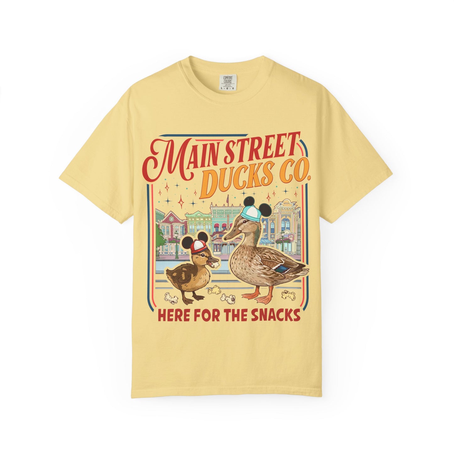 Main Street Ducks Co. T-Shirt — "Here for the Snacks" Vintage Duck Tee