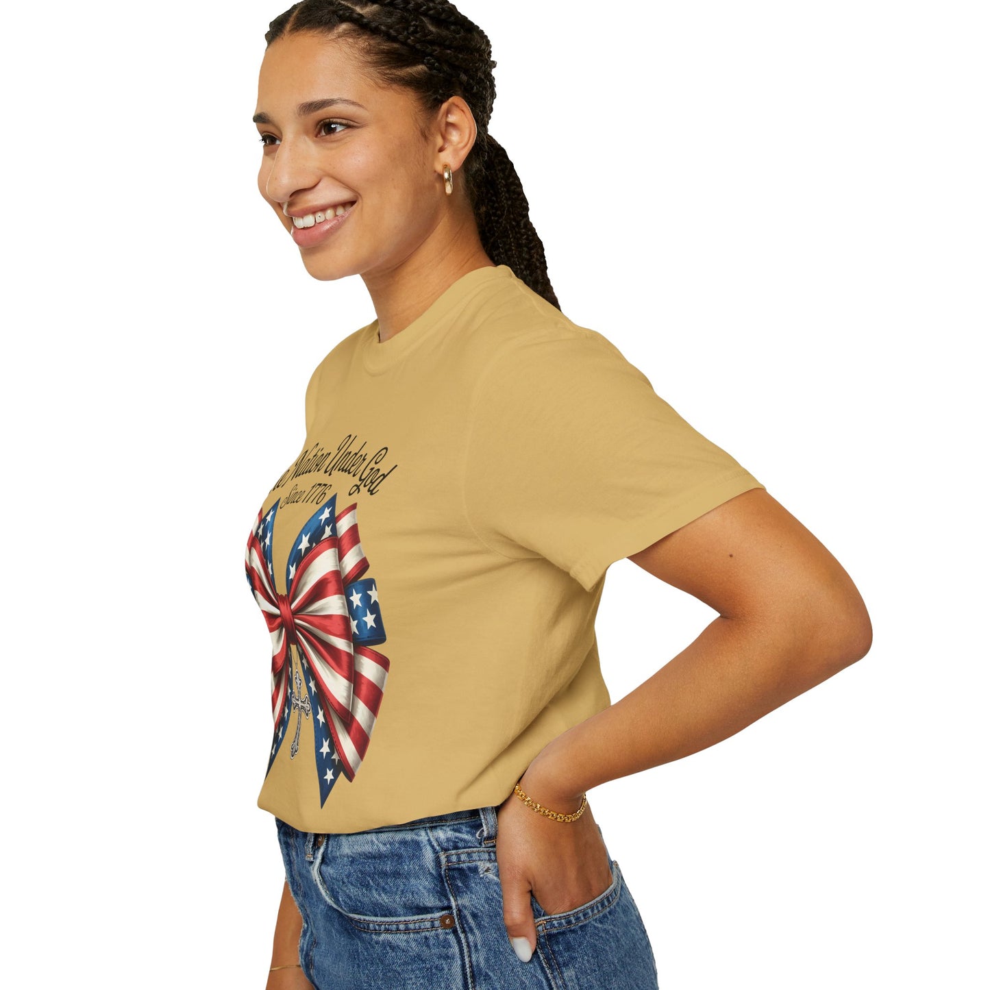 One Nation Under God Patriotic T-shirt with Bow Design