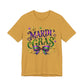 Mardi Gras Tee — Festive Purple, Green & Gold Carnival Shirt with Mask Bow