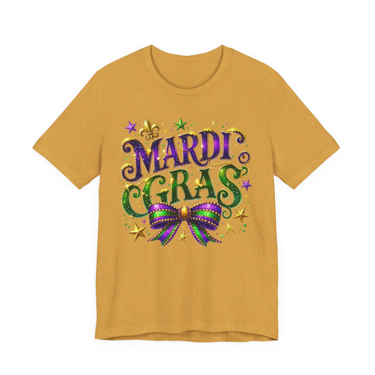 Mardi Gras Tee — Festive Purple, Green & Gold Carnival Shirt with Mask Bow