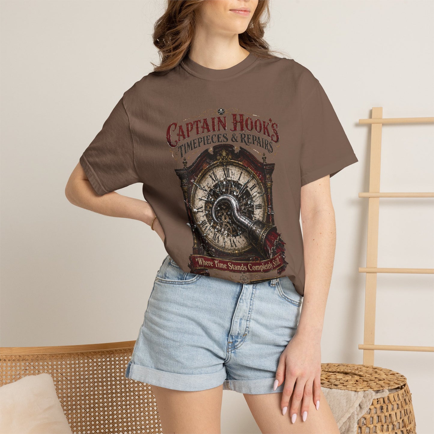 Captain Hook's Timepieces & Repairs Vintage Clock T-Shirt — Nautical Steampunk Repair Shop Tee