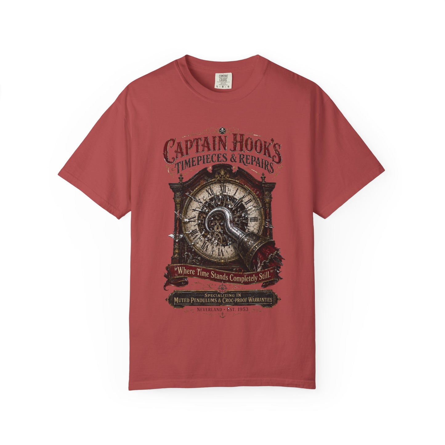Captain Hook's Timepieces & Repairs Vintage Clock T-Shirt — Nautical Steampunk Repair Shop Tee