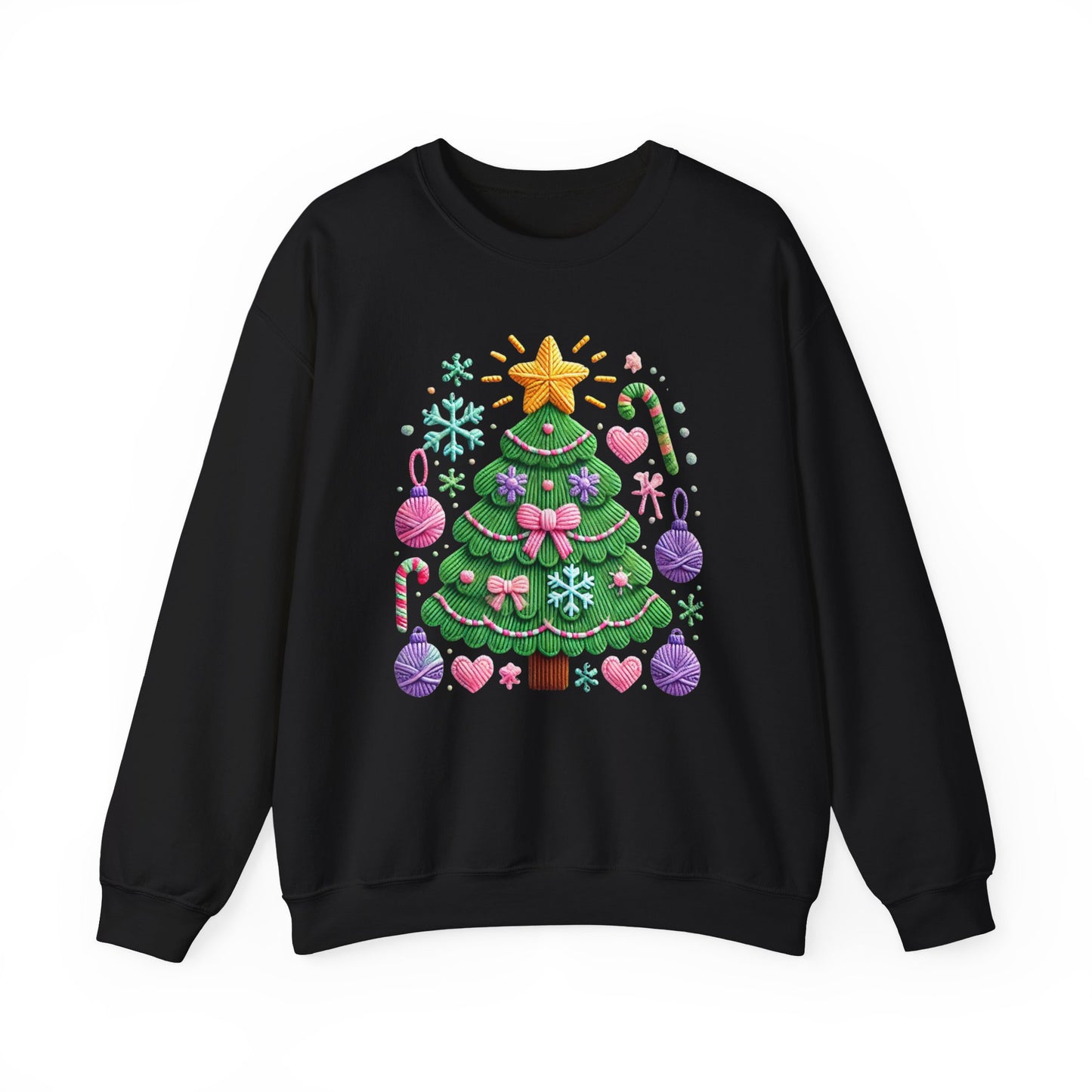 Cute Yarn Christmas Tree, Candy Cane & Ornaments Holiday Crewneck Sweatshirt