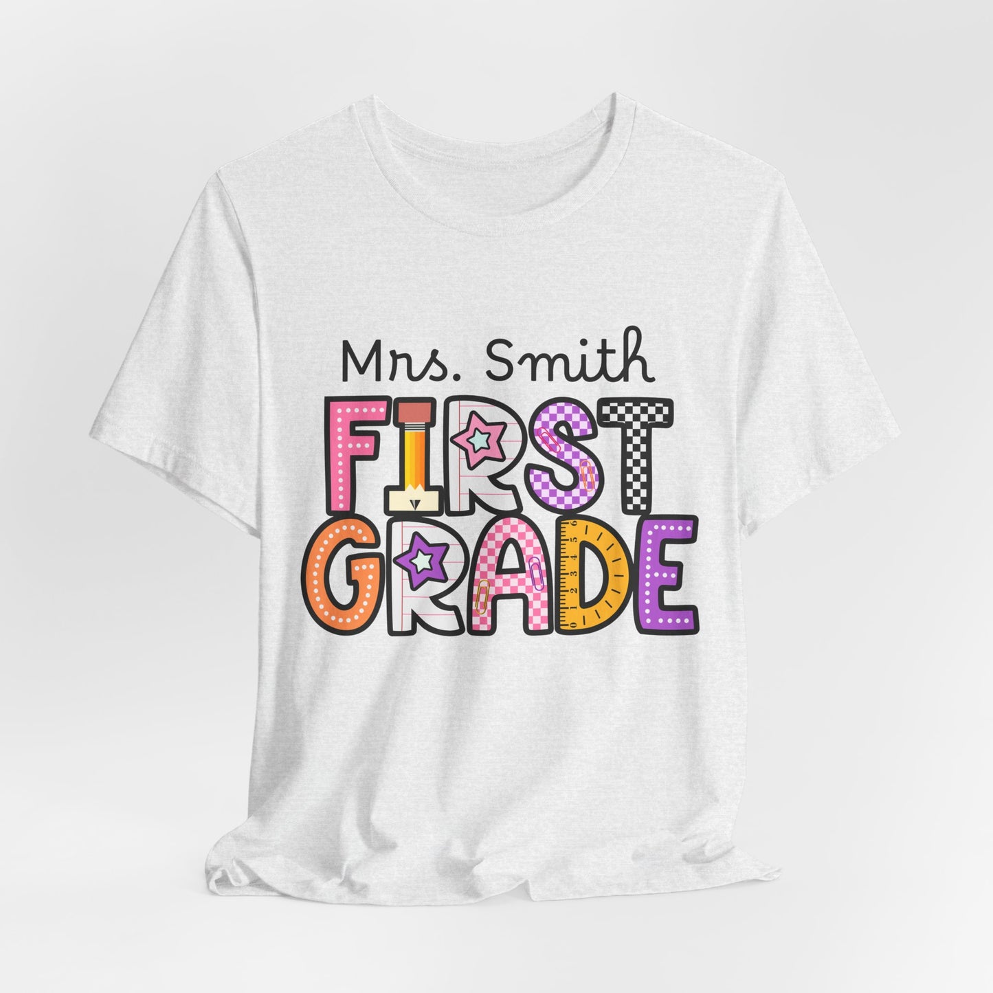 Personalized Colorful First Grade Teacher Graphic Tee