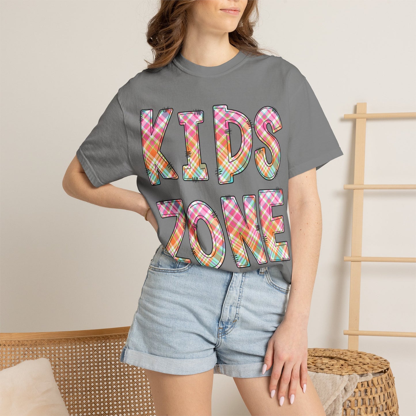 Kids Zone Daycare Comfort Colors Tee - Spring Pastels Plaid