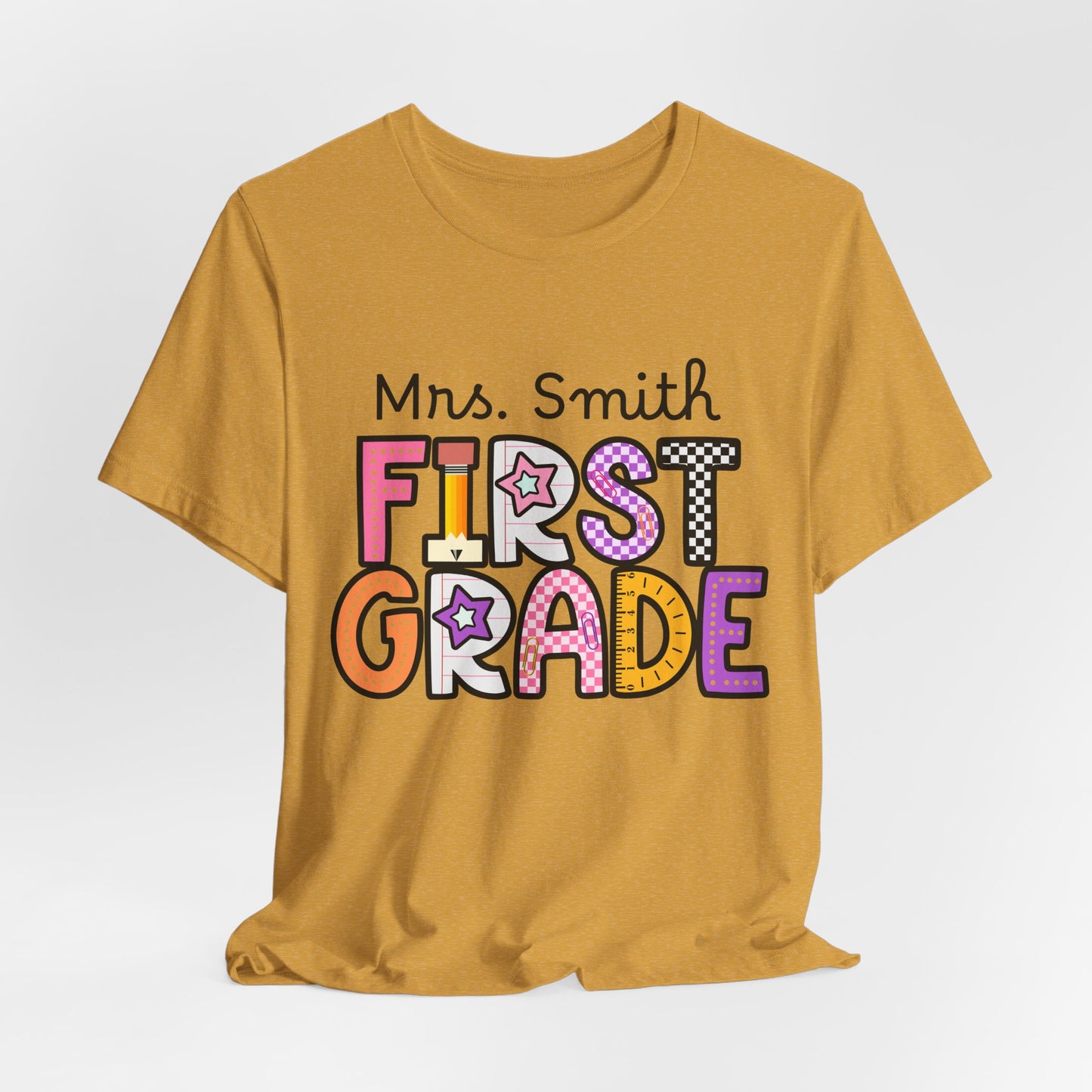 Personalized Colorful First Grade Teacher Graphic Tee