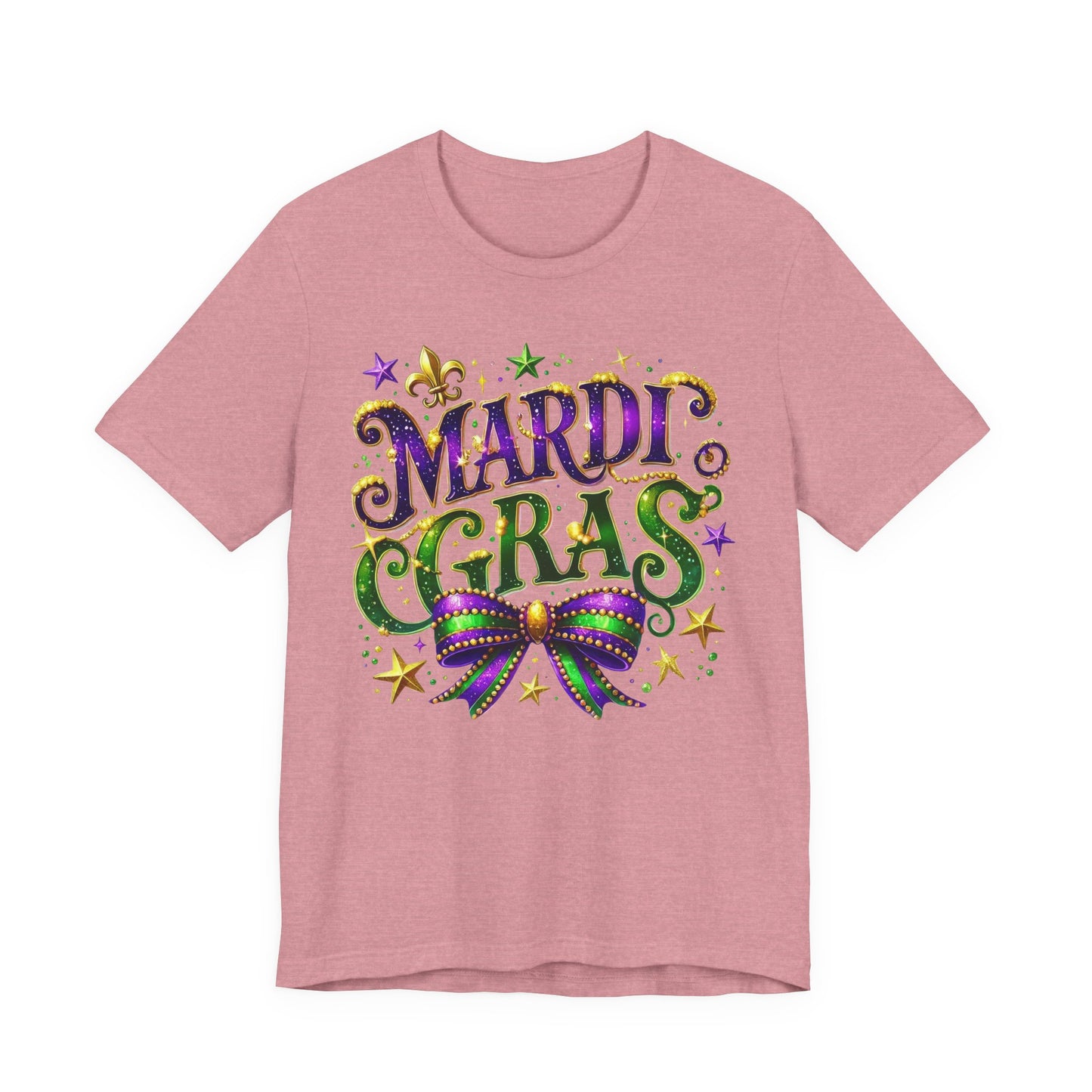 Mardi Gras Tee — Festive Purple, Green & Gold Carnival Shirt with Mask Bow