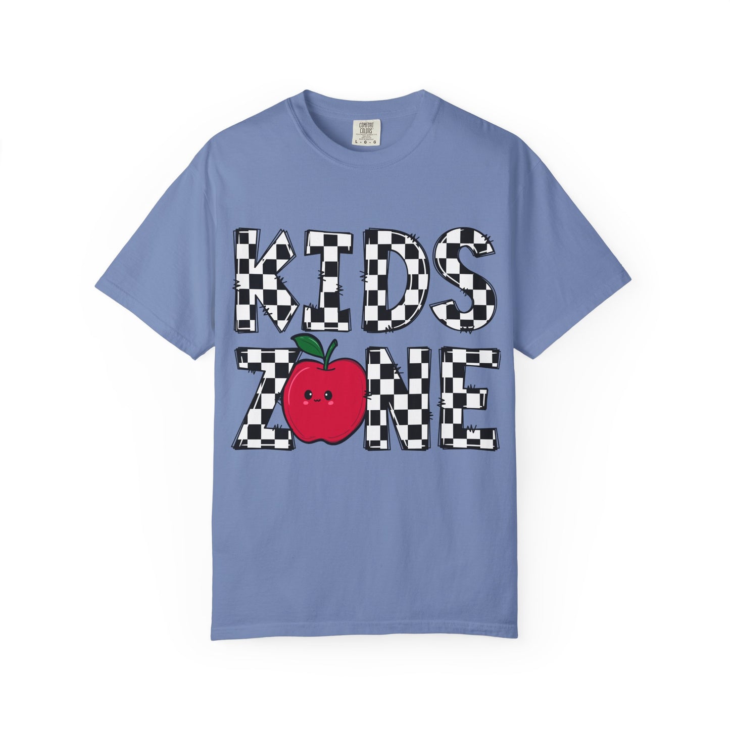 Kids Zone T-Shirt — Checkerboard Text with Cute Apple Graphic