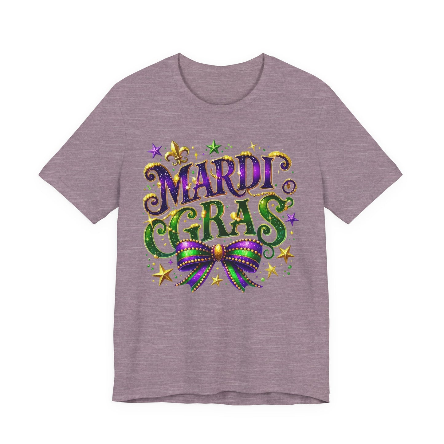 Mardi Gras Tee — Festive Purple, Green & Gold Carnival Shirt with Mask Bow
