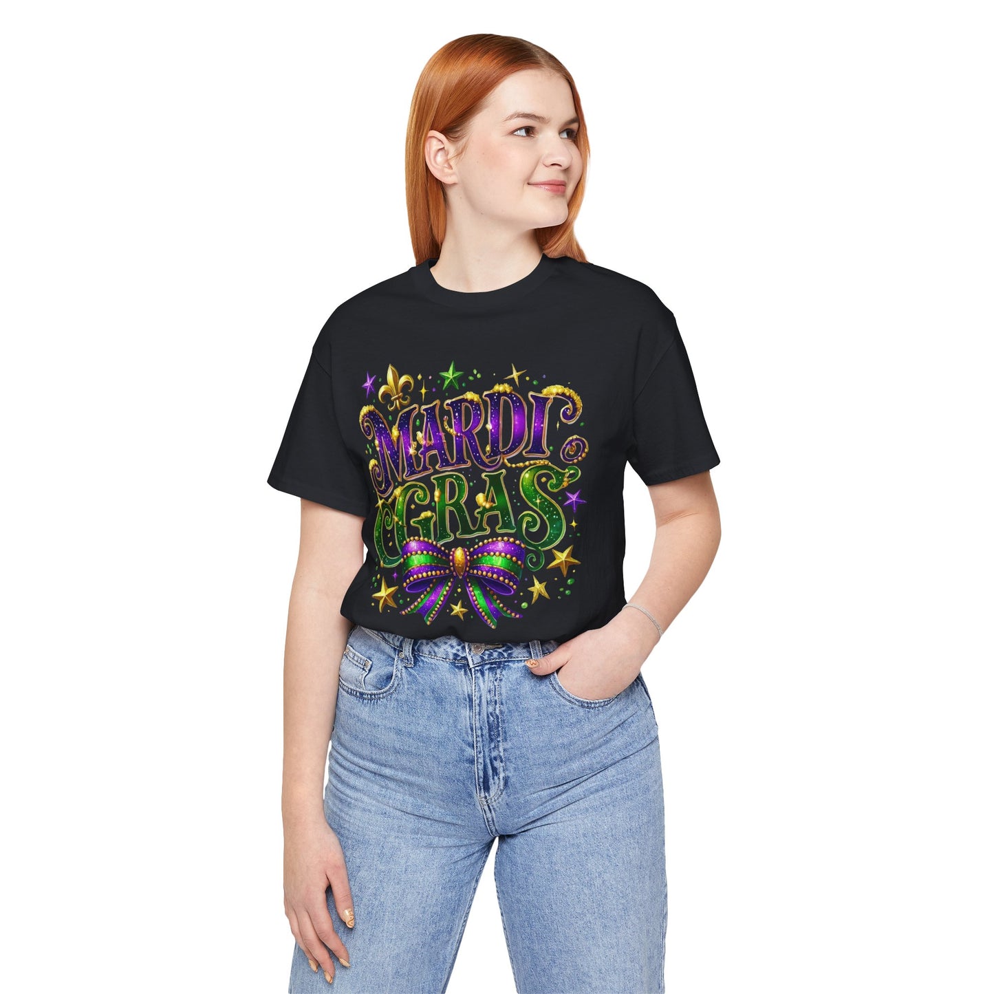 Mardi Gras Tee — Festive Purple, Green & Gold Carnival Shirt with Mask Bow