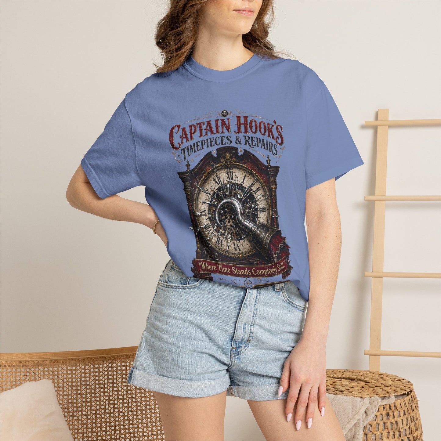 Captain Hook's Timepieces & Repairs Vintage Clock T-Shirt — Nautical Steampunk Repair Shop Tee