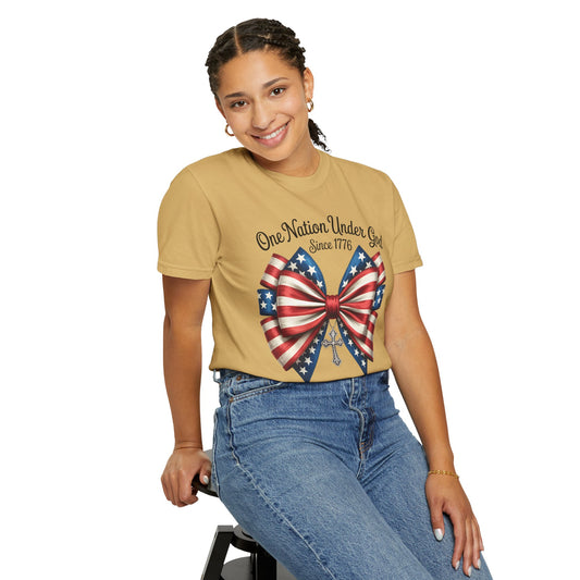 One Nation Under God Patriotic T-shirt with Bow Design