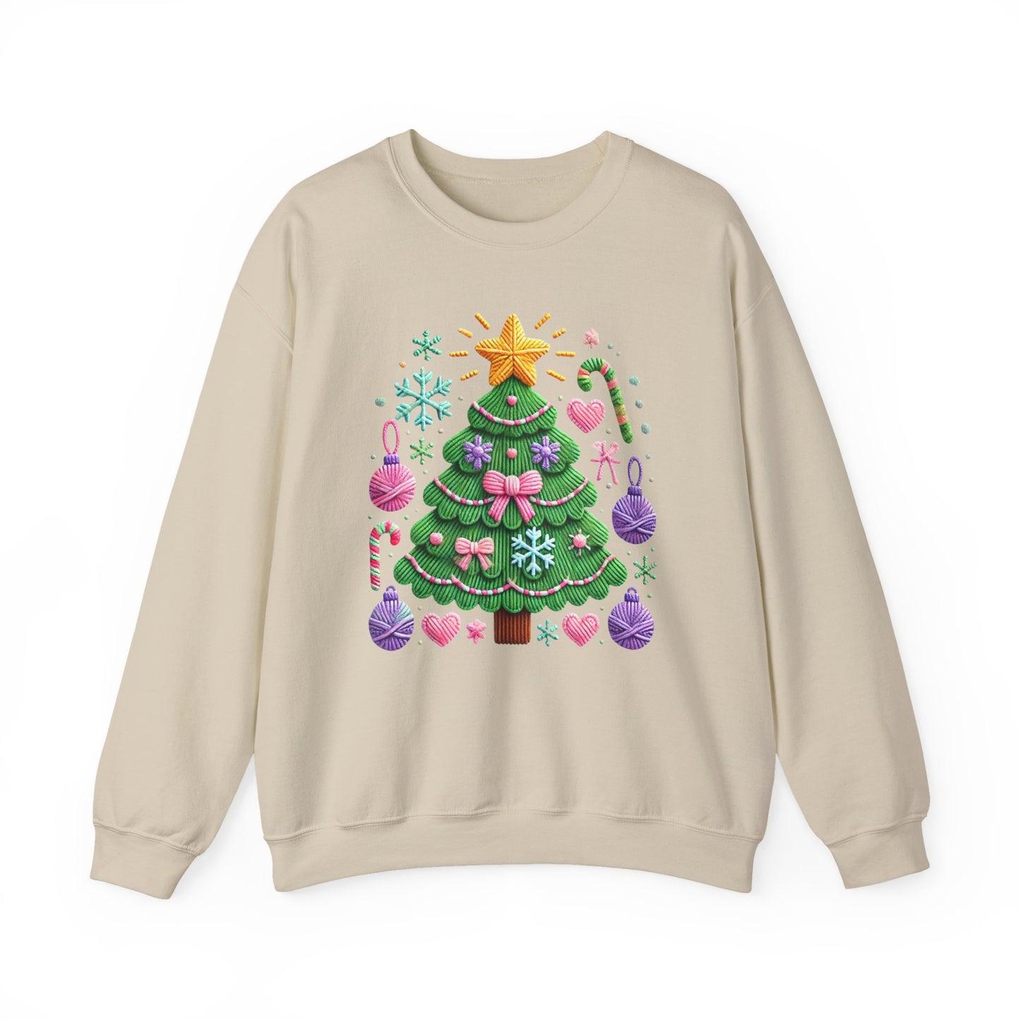 Cute Yarn Christmas Tree, Candy Cane & Ornaments Holiday Crewneck Sweatshirt
