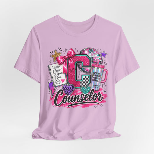 Counselor Tee – Cute Pink 'I Listen, I Support, I Care' School Counselor T-Shirt