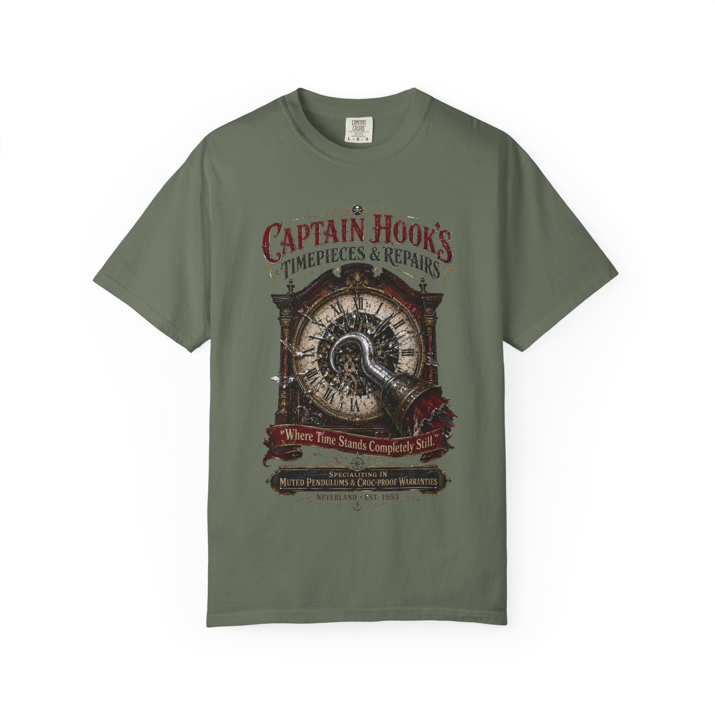 Captain Hook's Timepieces & Repairs Vintage Clock T-Shirt — Nautical Steampunk Repair Shop Tee