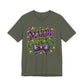 Mardi Gras Tee — Festive Purple, Green & Gold Carnival Shirt with Mask Bow