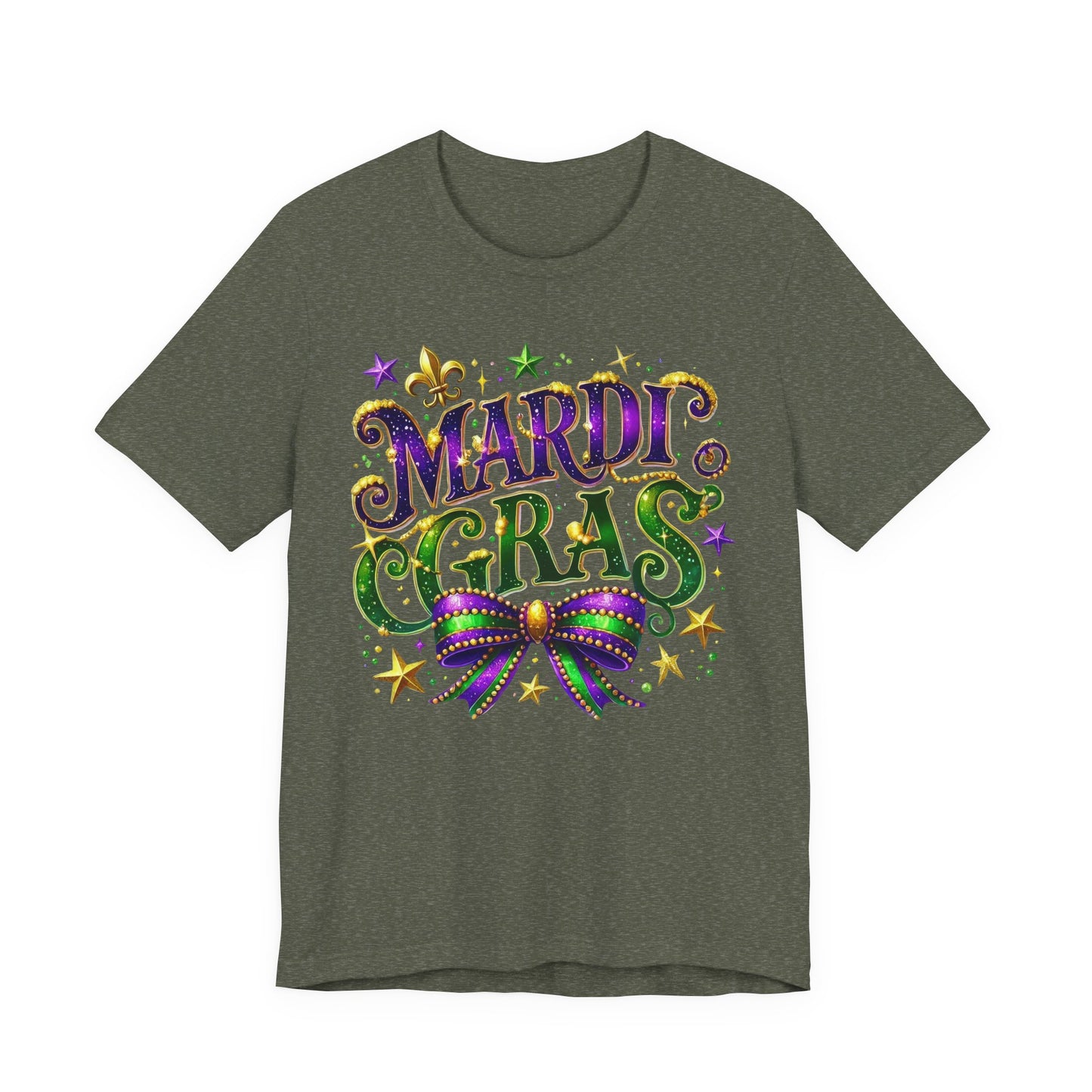 Mardi Gras Tee — Festive Purple, Green & Gold Carnival Shirt with Mask Bow