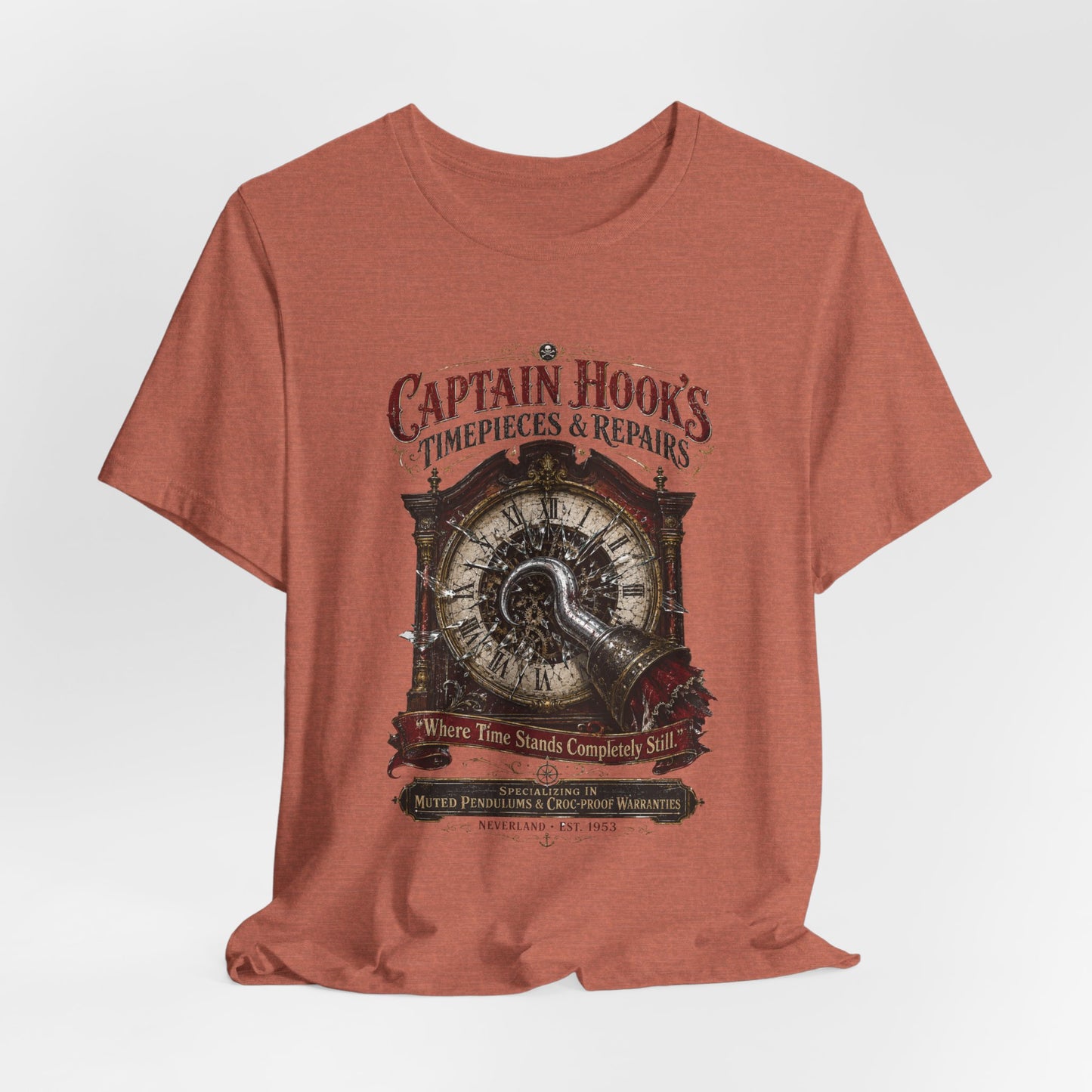 Captain Hook's Timepieces & Repairs Tee — Vintage Nautical Clock Pirate Shirt