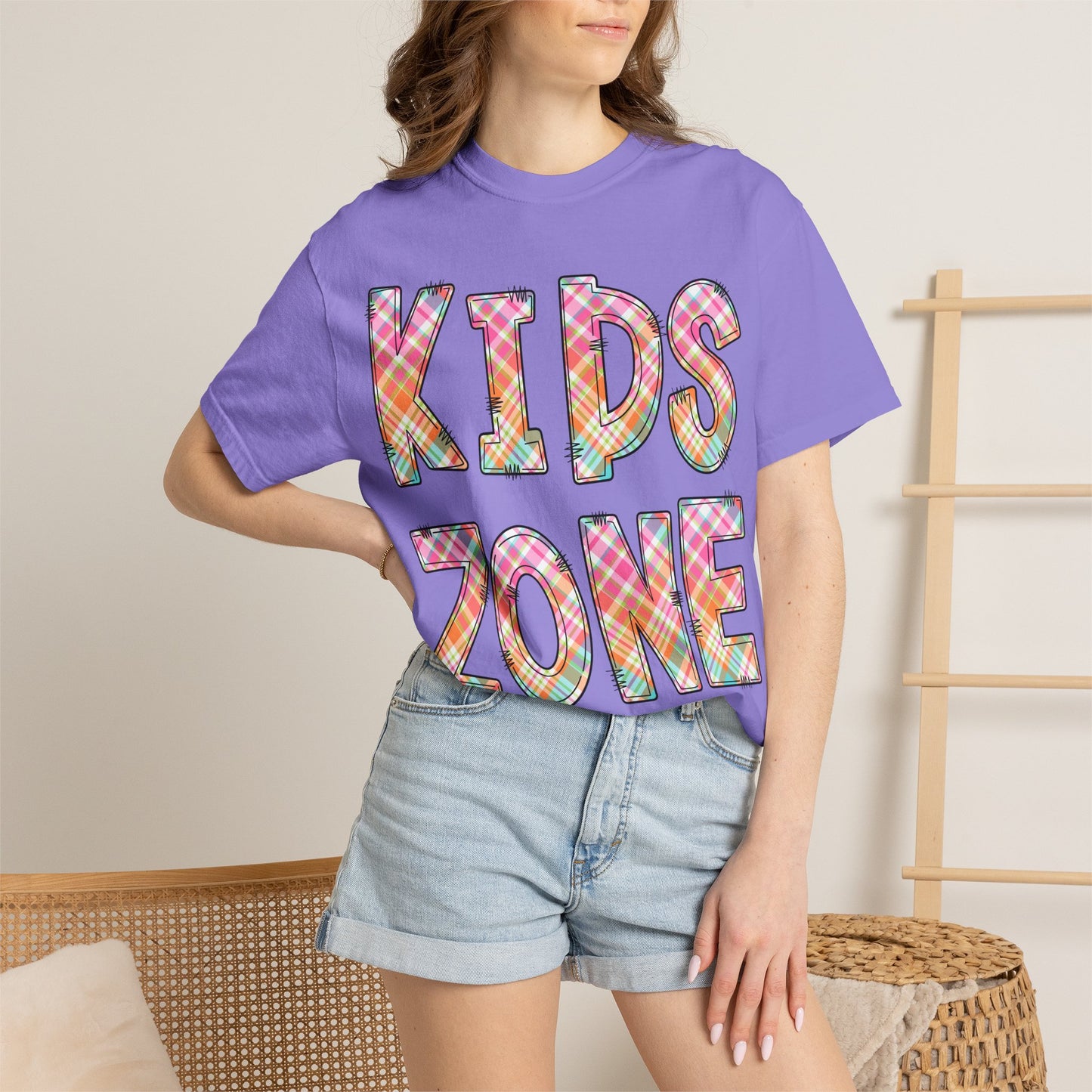 Kids Zone Daycare Comfort Colors Tee - Spring Pastels Plaid