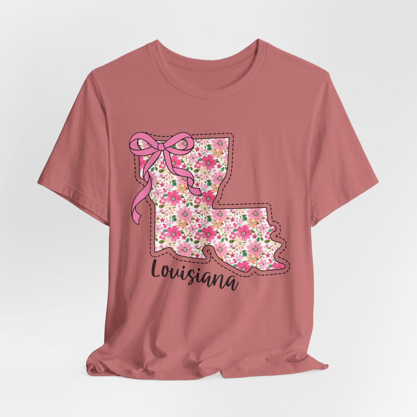 Louisiana Floral State Tee — Pink Bow & Script