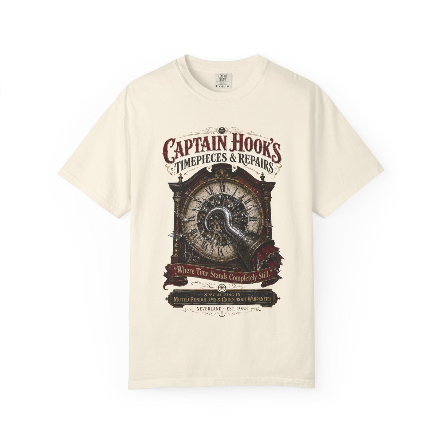 Captain Hook's Timepieces & Repairs Vintage Clock T-Shirt — Nautical Steampunk Repair Shop Tee