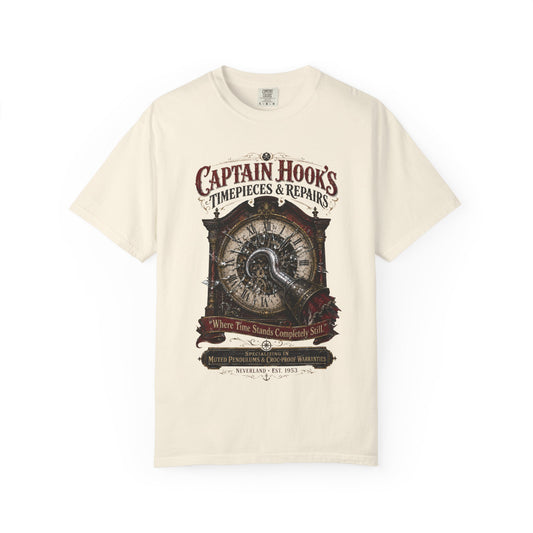Captain Hook's Timepieces & Repairs Vintage Clock T-Shirt — Nautical Steampunk Repair Shop Tee