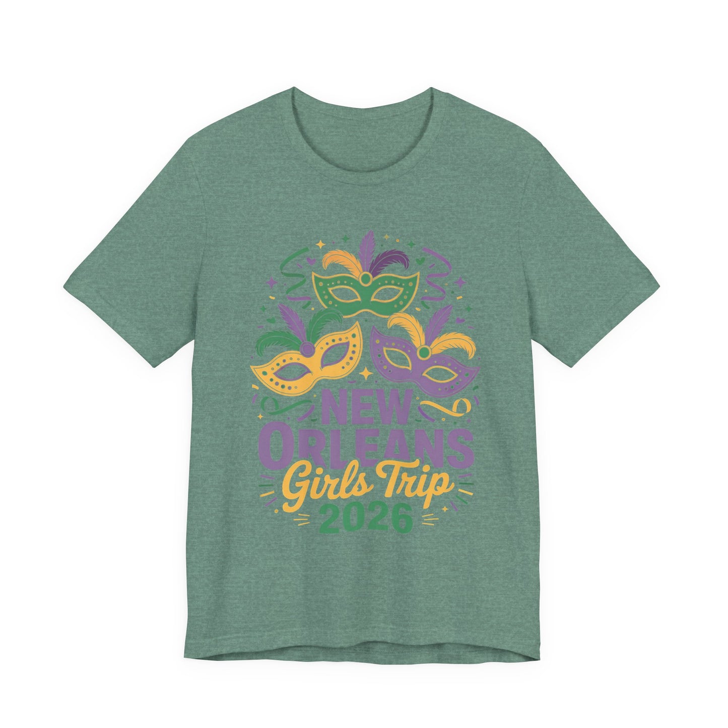 New Orleans Girl Trip 2026 T-Shirt — Mardi Gras Masks Bachelorette Tee