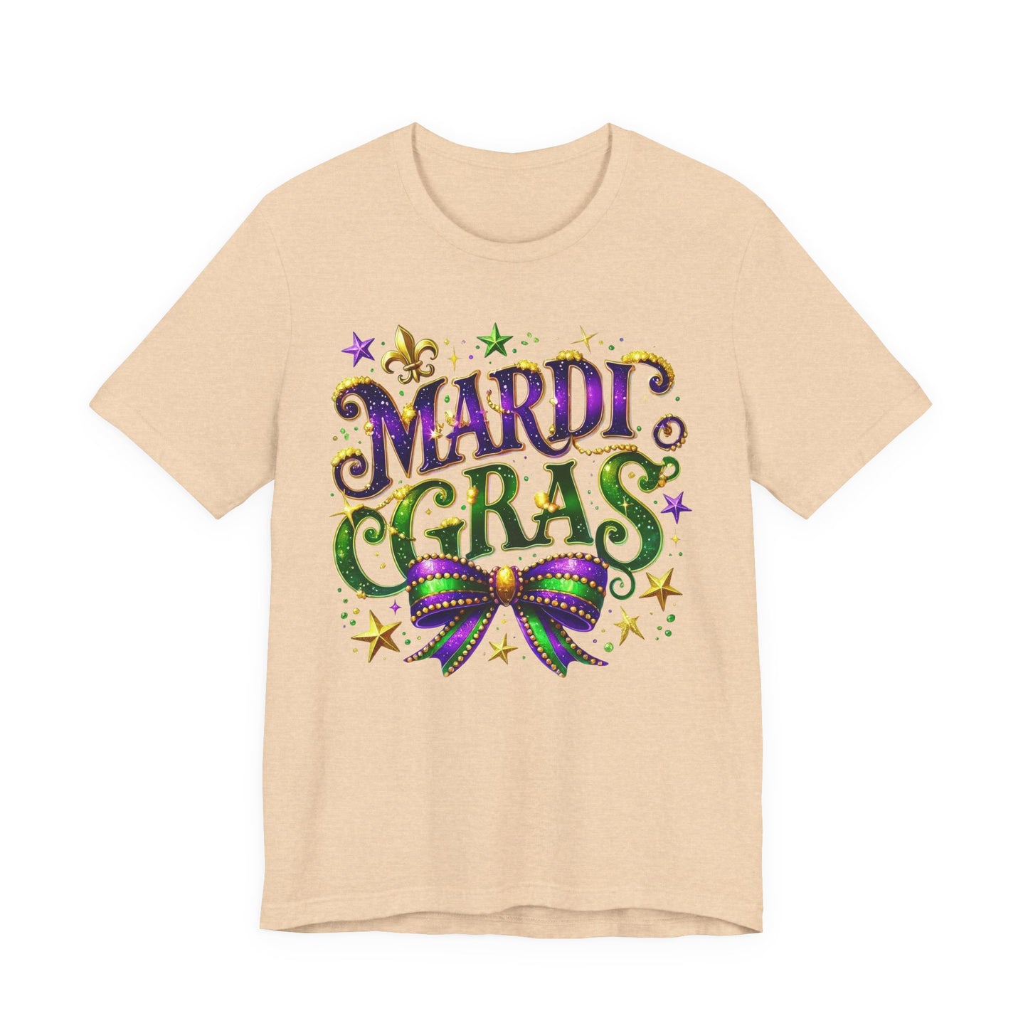 Mardi Gras Tee — Festive Purple, Green & Gold Carnival Shirt with Mask Bow