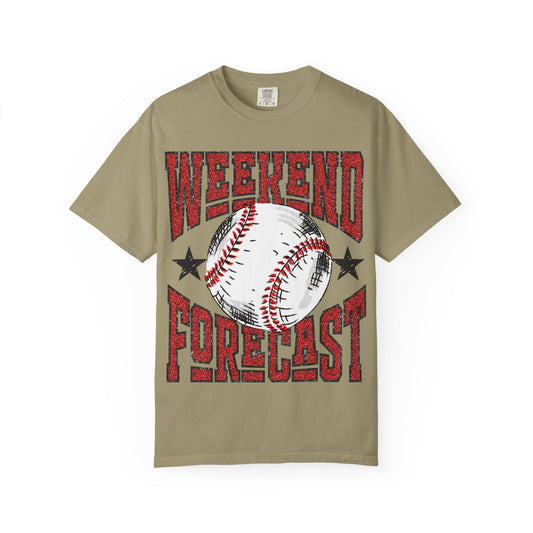 Weekend Forecast Faux Glitter Baseball T-Shirt, Relaxed Fit Shirt, Casual Wear, Gift for Friends, Comfy Everyday Tee