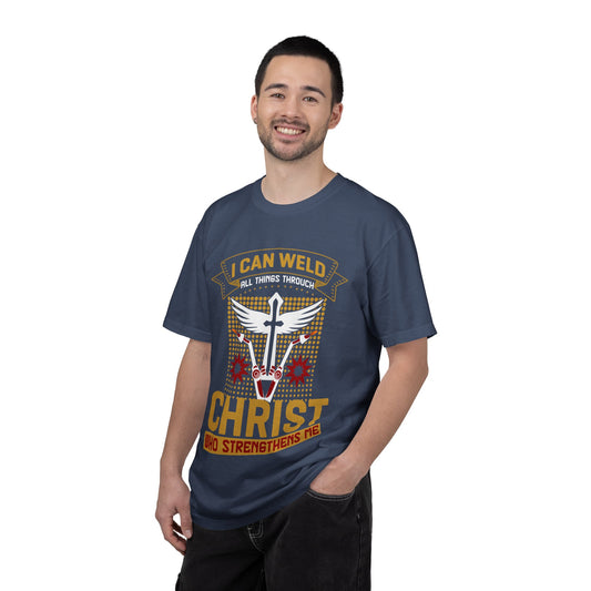 Welding Christian T-Shirt — "I Can Weld All Things Through Christ" Faith Mechanic Tee
