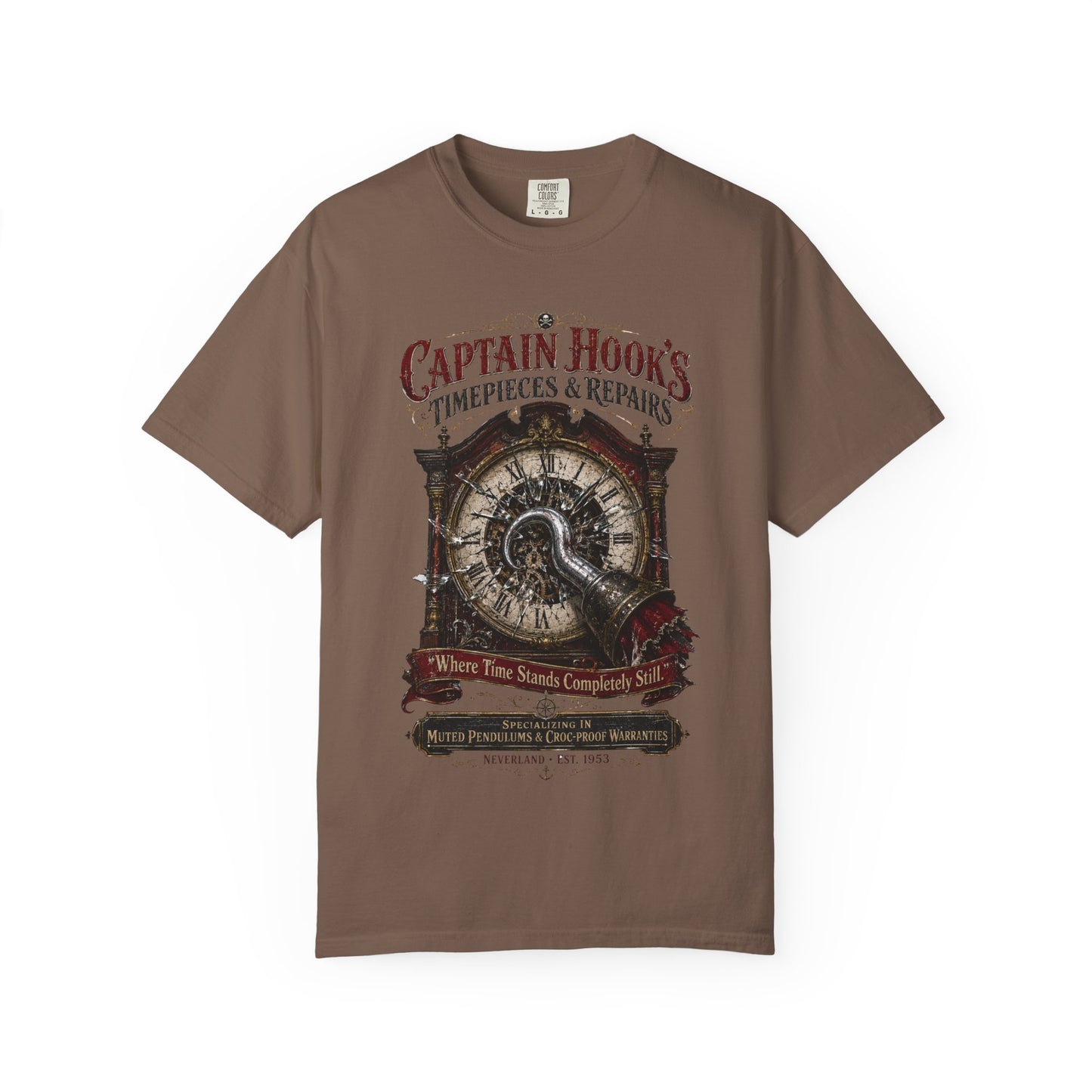 Captain Hook's Timepieces & Repairs Vintage Clock T-Shirt — Nautical Steampunk Repair Shop Tee