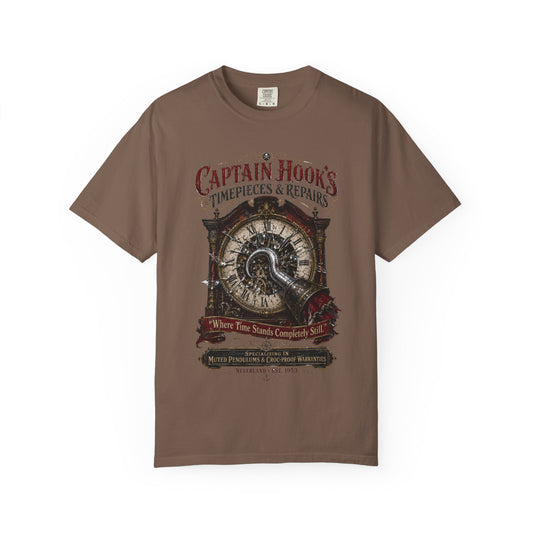 Captain Hook's Timepieces & Repairs Vintage Clock T-Shirt — Nautical Steampunk Repair Shop Tee